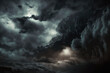 © The 2R Artificiality - In terrible weather, there are many dark clouds in the sky before a heavy downpour. light coming from the cloud's edge. Zoom in on a Black haze's surface up close. Generative AI