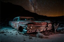 A Classic 1960s Chevy Impala In The Middle Of The Desert At Night, Image Created With Generative AI Technology.