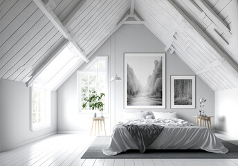 Wall Mural - White attic bedroom with a wooden ceiling, white walls, white floors, and white and gray furniture including a bed with a table next to it. Poster. a mockup. Generative AI