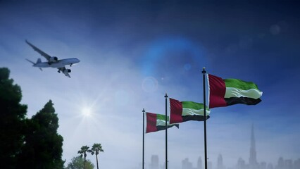 Wall Mural - airplane landing in dubai, emirates. a generic passenger plane lowering its landing gears as it appr