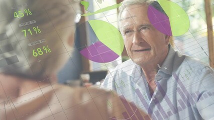 Poster - Animation of statistical data processing over caucasian senior couple talking to each other at home