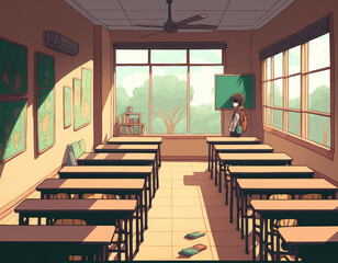 Poster - Empty class room due to corona virus outbreak epidemic Malang, Indonesia, September 14th 2020. Generative AI