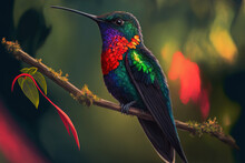 Red, Lustrous, And Glossy Bird. The Vibrant Fiery Throated Hummingbird, Panterpe Insignis, Is Perched On A Branch. Costa Rican Mountain Brilliant Animal. Generative AI