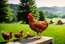 Red Chicken On A Farm In Nature. Hen In A Free Range Farm. Chicken Walking In The Farm Yard. Generative AI