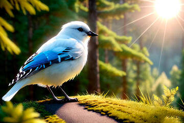 White cute bird in forest. Digital painting art. Generative AI