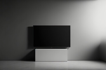 Poster - Gray wall background, blank white LED tv screen, clipping route. Generative AI