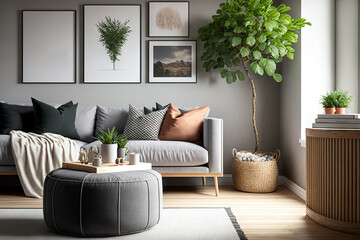 Design gray sofa, wooden coffee table, shelf, cube, carpet, rattan pouf, plants, picture frame, table lamp, and beautiful home decor accents make up this chic scandinavian composition in the living ro