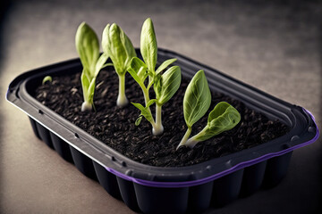 Canvas Print - Seedlings of eggplant on a recyclable plastic tray. home grown eggplant shoots from seeds. Generative AI