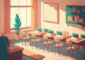 Poster - Empty classroom with vintage tone wooden chairs. Classroom arrangement in social distancing concept to prevent COVID 19 pandemic. Back to school concept. Generative AI
