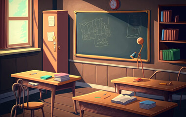 Poster - desks and blackboard in classroom at school. Generative AI