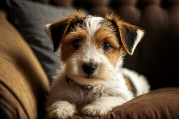 Poster - Photograph of a wire haired Jack Russell Terrier puppy in the dog bed at the age of four months. Small dog with a rough coat and amusing fur spots relaxing on a couch. Background, copy space, and clos