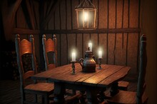 Table And Chairs With Candles, Inn, Tavern Or Pub Interior, Medieval Fantasy RPG [Generative AI]