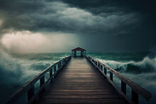 Old Wooden Jetty Amid An Oceanic Storm. Ending With An Ethereal Glow. Idea Of The Future, Deity, Religion, Etc. Generative AI