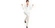 © Maridav - Business woman celebrating happy and cheerful in white suit in full body. Cheering winner gesturing in joyful dance over success. Young multiracial Chinese Asian and Caucasian businesswoman isolated i
