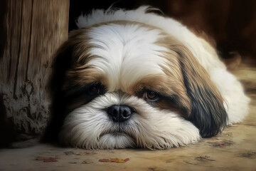 Sticker - Shih tzu dog curled up on the ground. viewing the camera. Generative AI