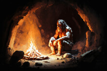 Caveman Around The Fire - Created With Generative AI Technology. 