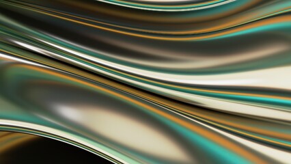 Wall Mural - Green and gold mirrored metal surface Abstract, dramatic, modern, luxurious and exclusive 3D rendering graphic design element background material.