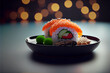 Sushi on a plate, rice rolls and wasabi side profile, isolated with bokeh background, generative ai