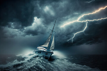 Yacht sailing in a storm with lightning and thunder. Generative AI
