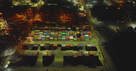 Wall Mural - Aerial drone of sea port and container terminal in Manila city at night.