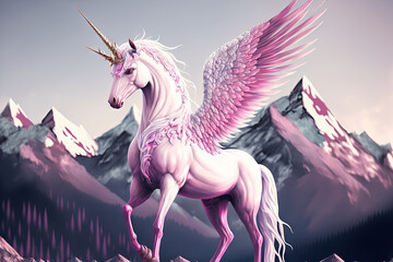 Canvas Print - Pink unicorn standing with its wings up and mountains in the backdrop. Generative AI