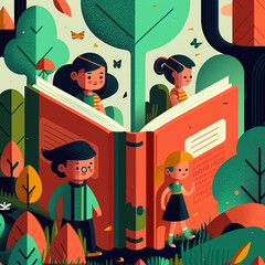 Canvas Print - Flat design cartoon World Book Day illustration. Open book with stories coming out of the pages. AI generated