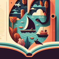 Wall Mural - Flat design cartoon World Book Day illustration. Open book with stories coming out of the pages. AI generated