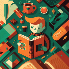 Wall Mural - Flat design cartoon World Book Day illustration. Open book with stories coming out of the pages. AI generated