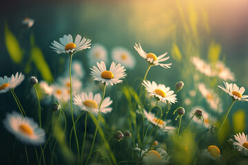 Wall Mural - The meadow has chamomile flowers and green grass. Nature picture in the spring or summer with white daisies in bloom and bright sunlight. hazy focus. Generative AI