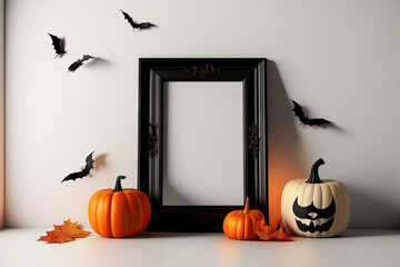 Mock up a shelf or desk with a black frame decorated with pumpkin and Jack o' Lanterns. Halloween related idea a portrait frame with bats against a white wall. Generative AI