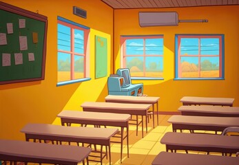 Poster - New empty, lit classroom ready to start school, closed because of the coronavirus pandemic. Ponta Grossa City, Parana State, Brazil. 11 09 2020. Generative AI