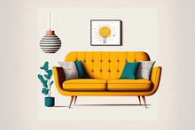 Mockup Of A Retro Sofa. Retro Sofa Mockup Realistic Drawing For Web Design, Isolated On White Background. Generative AI