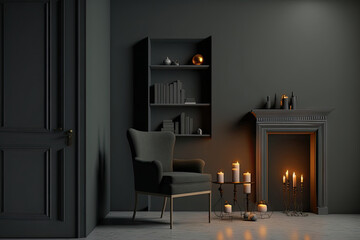 Sticker - Front view on dark living room interior with armchair, empty grey wall, concrete floor, coffee table, closet with books and candles, carpet. Concept of minimalist design. Generative AI