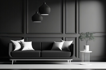 Wall Mural - Black stylish minimalist interior with sofa, coffee table and decor. illustration mockup. Generative AI