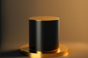 Sticker - minimalist geometric pedestal in gold used for product display. the color black empty template for a mockup. cylindrical form. stage that is empty. Generative AI