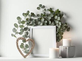 Canvas Print - Mock up wood frames with rustic Valentines Day wooden heart decor, eucalyptus branch and candle holder. White shelf against a white wall. Copy space. Generative AI