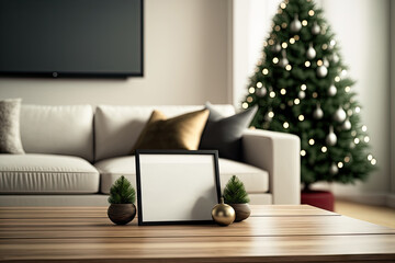 Canvas Print - Copy space for montage your product display on modern wood tabletop with Christmas tree over blurred modern living room in the background. , 3d illustration. Generative AI