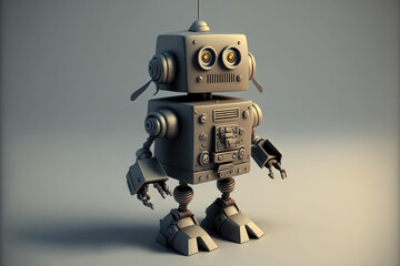 Poster - Retro and cute toy robot walking on gray background. Generative AI