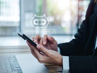 Aufkleber - AI search (searching by artificial intelligence technology) concepts. Chatbot, smart robot icon appear on smart mobile phone while businessperson holding and using for assistant service.