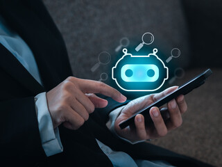 Aufkleber - AI search (searching by artificial intelligence technology) concepts. Chatbot, smart robot icon appear on smart mobile phone while businessperson holding and using for assistant service.