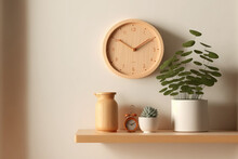 Minimal Cozy Counter Mockup Design For Product Presentation Background Or Branding In Japan Style With Bright Wood Counter And Warm White Wall Include Vase Plant And Clock. Kitchen Interior