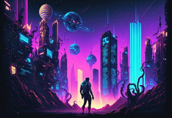 city of cyberpunk. futuristic urban neon. evening city in the future. Cyberpunk inspired wallcoverings. industrial setting with enormous, futuristic skyscrapers and brilliant neon lighting. illustrati