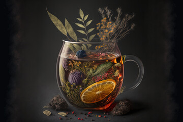 Poster - Various herbs in a cup of herbal tea on a dark background. Generative AI