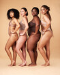 © Nina L/peopleimages.com - Body positivity, skin and portrait of women group together for inclusion, beauty and power. Aesthetic model friends on beige background with underwear cellulite, pride and motivation for self love
