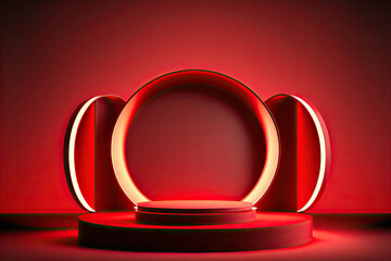 Sticker - red room scene with dim lights podium with lamps with stand display . Generative AI