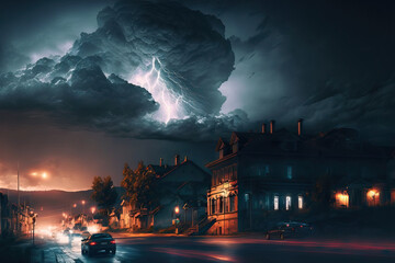 Wall Mural - a lovely thunderstorm with clouds passing over a little town. Generative AI