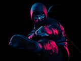 A ninja kicking in neon lights. Traditional ninja style. 3d illustration.
