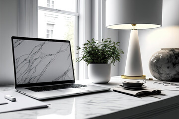 Poster - Home workspace close up with laptop white screen mockup, book, decor plant and copy space on white marble tabletop in minimal cozy bright living room. blurred background. , 3d illustration. Generative