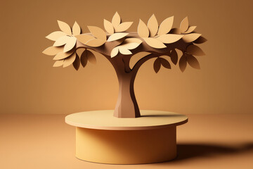 Sticker - Display of products a podium stand with shadowed leaves of a tree against a tan background. Generative AI