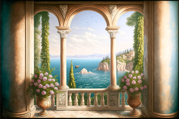 painting fresco balcony sea view imagine oil color	view mountain sea